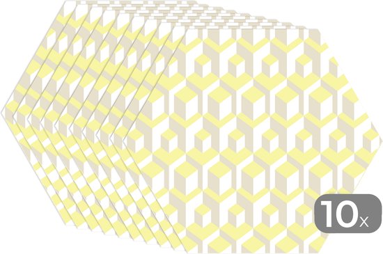 Placemats hexagon - Onderleggers placemats - Placemat zeshoek - Blokken - Patronen - 3D - Geel - 10 stuks