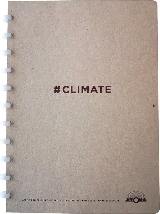 Lichtbruin schrift met witte ringband en de tekst #CLIMATE in bruin.
