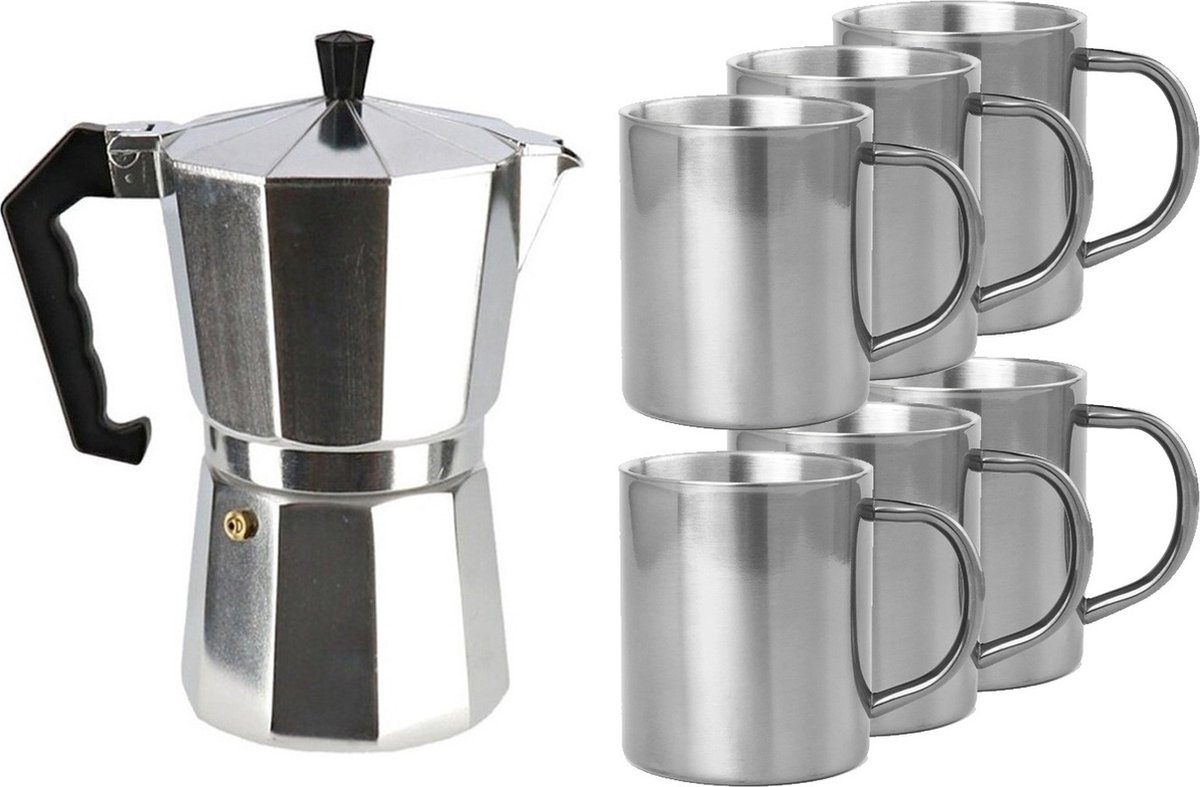 Zilveren percolator/espresso koffie apparaat met 6x RVS kopjes - Koffiezetapparaat met mokken - Koffiepercolator