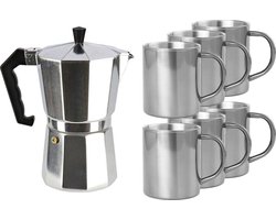 Zilveren percolator/espresso koffie apparaat met 6x RVS kopjes - Koffiezetapparaat met mokken - Koffiepercolator