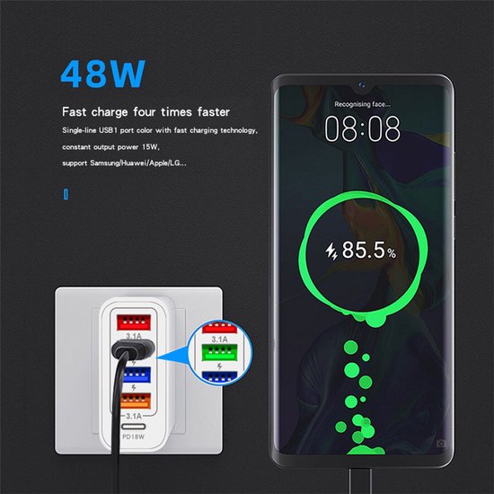 DrPhone HALOXIII - 48W 4 USB Poorten Snel Lader + USB-C PD 18W - QC 3.0 & 3.1A Thuislader- Oplader - Universeel - Zwart van DrPhone — afbeelding 4