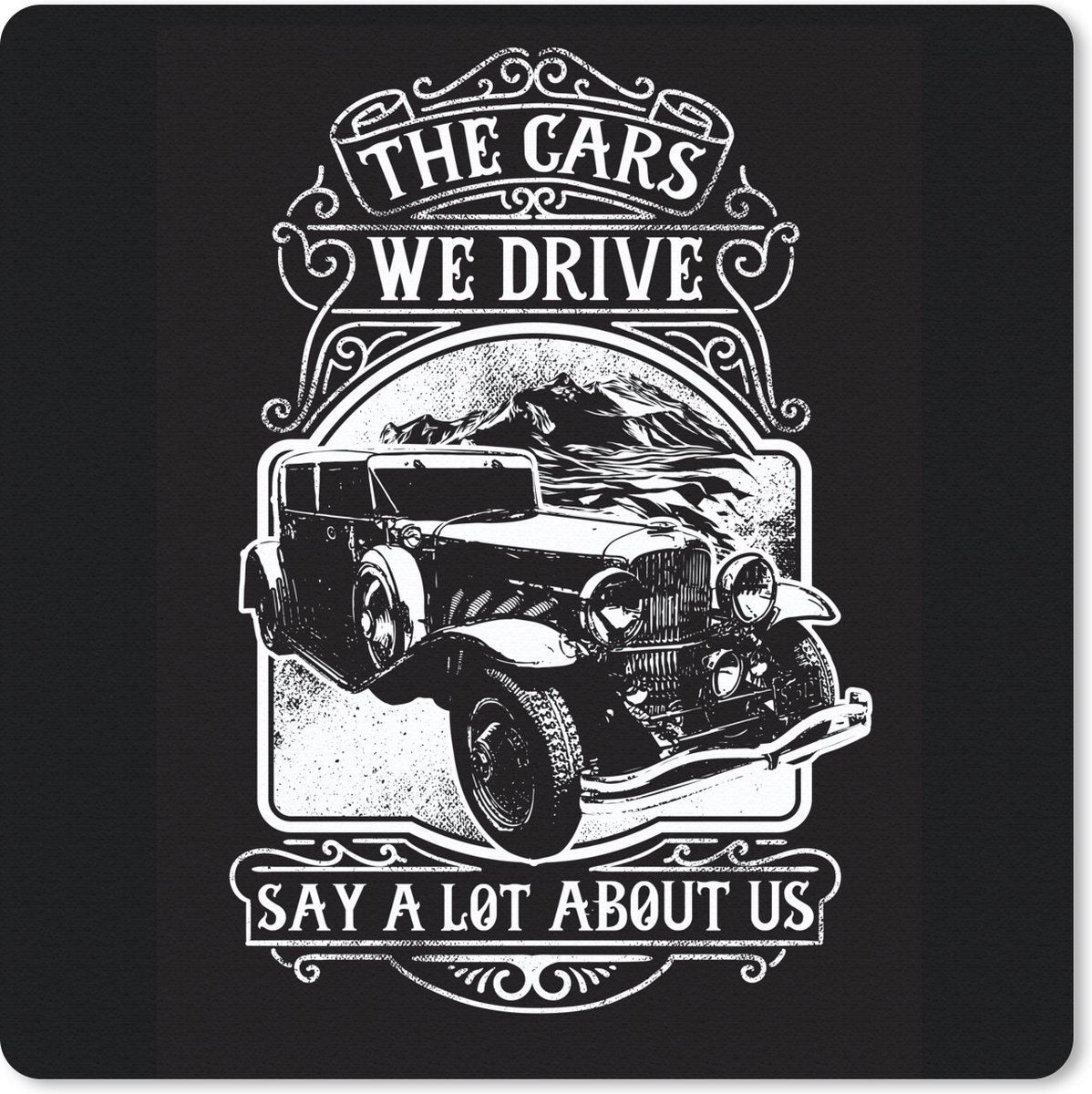 Muismat - Mousepad - Mancave - Auto - Retro - Zwart - Wit - 30x30 cm - Muismatten