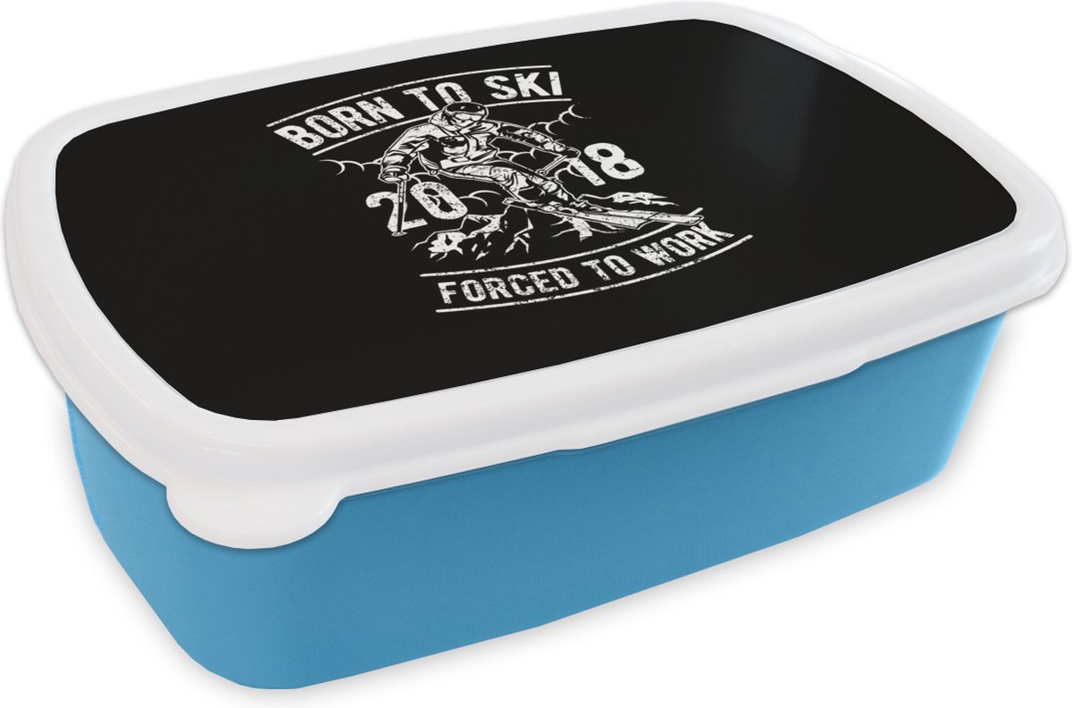 Broodtrommel Blauw - Lunchbox - Brooddoos - Ski - Berg - Retro - 18x12x6 cm - Kinderen - Jongen