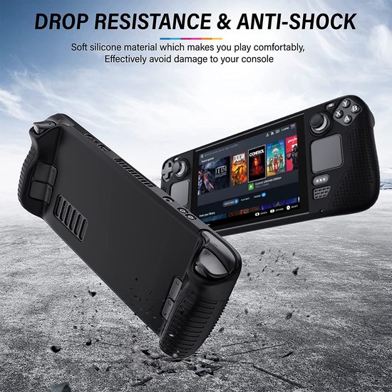 Zwarte siliconen beschermhoes voor de Valve Steam Deck, met anti-shock eigenschappen.