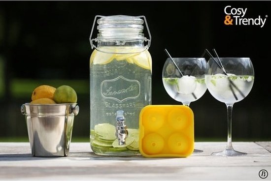 Glazen sapdispenser gevuld met citroen- en limoenplakjes, met zilveren emmer met fruit en twee glazen. Een geel ijsblokjesvorm ligt ernaast.