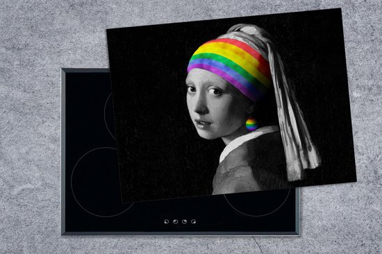KitchenYeah® Inductie beschermer 70x52 cm - Meisje met de parel - Regenboog - Vermeer - Kookplaataccessoires - Afdekplaat voor kookplaat - Inductiebeschermer - Inductiemat - Inductieplaat mat