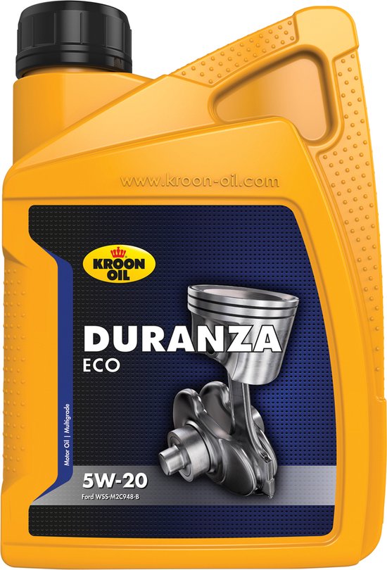 Gele jerrycan Kroon-Oil DURANZA ECO 5W-20 motorolie, met afbeelding van een zuiger en drijfstang.