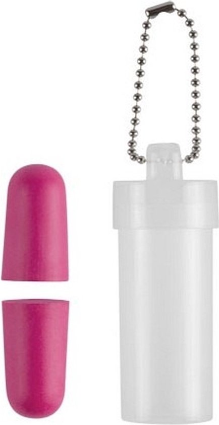 Roze schuim oordopjes, opengemaakt en met een transparant bewaardoosje met sleutelhanger.