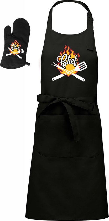 Mijncadeautje - BBQ-schort - Chef - zwart - XXL 97 x 68 cm - kleurenopdruk - BBQ-handschoen