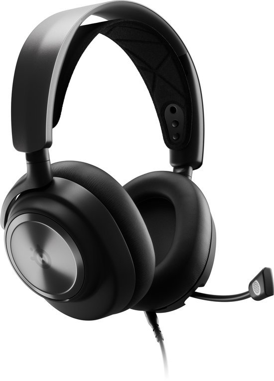 Zwarte gaming headset met ronde, metalen oorschelpdetails.