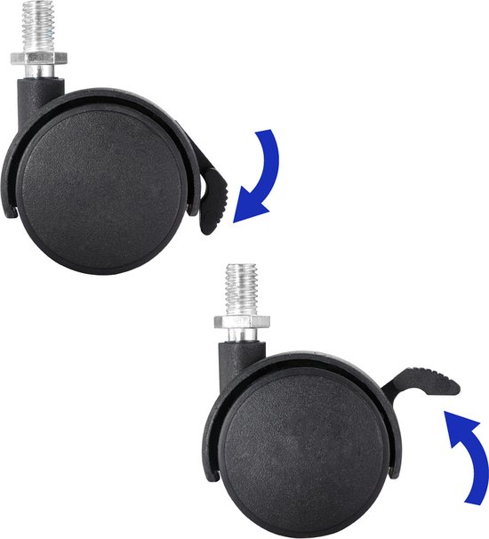 Twee zwarte zwenkwielen voor een bijzettafel, met een remmechanisme.