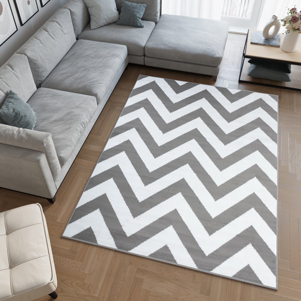 Tapiso Luxury Vloerkleed Grijs Woonkamer Modern Zigzag Tapijt Maat- 180x250