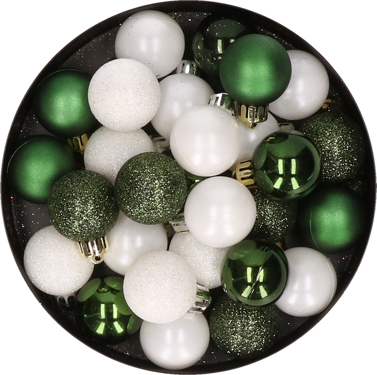 Set van 28 kunststof kerstballen in donkergroen en wit mix, 3 cm, ideaal voor kerstboomversiering.