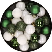 28x stuks kunststof kerstballen donkergroen en wit mix 3 cm - Kerstboomversiering