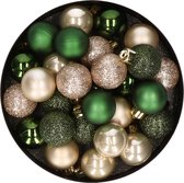 28x stuks kunststof kerstballen parel/champagne en donkergroen mix 3 cm - Kerstboomversiering