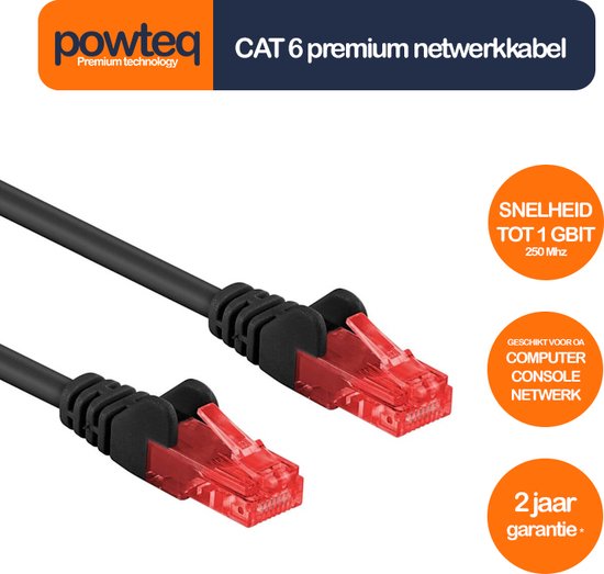 Powteq - Câble patch UTP premium 25 cm - CAT 6 - Zwart - (câble réseau/câble internet)