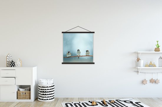 Porte-affiche avec affiche - Affiche scolaire - Vogels - Moineau - Neige - Hiver - 60x60 cm - Lattes noires