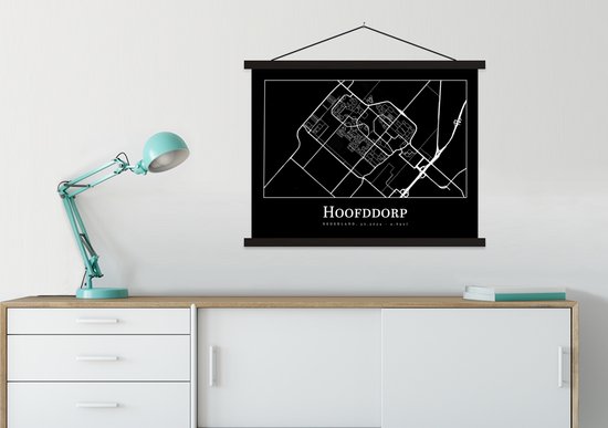Porte-affiche avec affiche - Affiche scolaire - Carte - Hoofddorp - Carte - Plan de la ville - 60x45 cm - Lattes noires