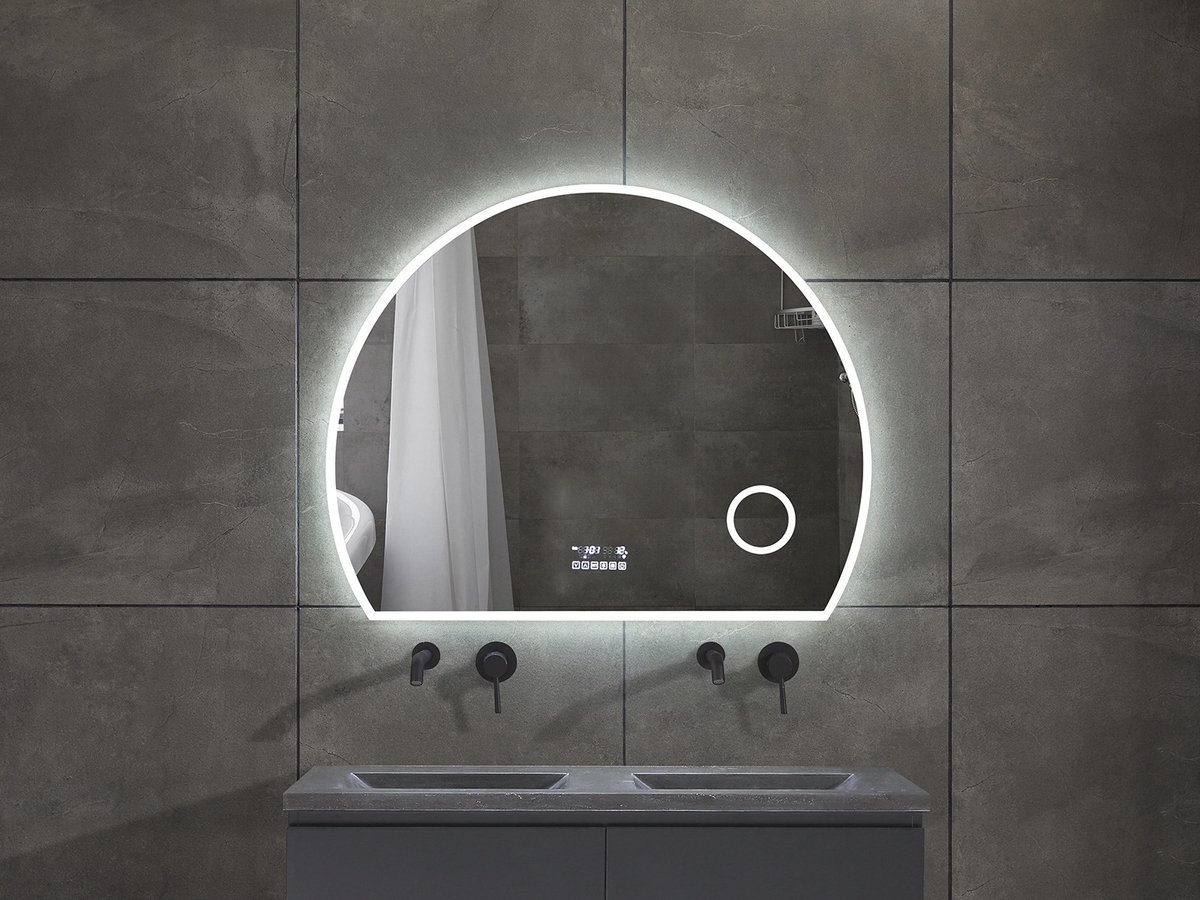 Mawialux LED Badkamerspiegel - Bluetooth en speakers - 100x80cm - Halfrond - Verwarming - Touchscreen - Dimbaar - Hannah PLUS