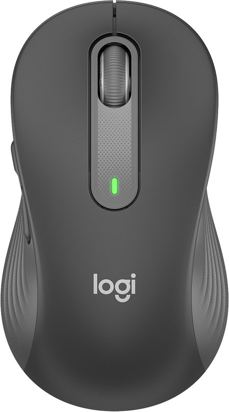 Top view van de grijze Logitech M650 L muis met Logitech logo.