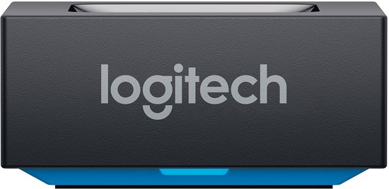 Zwarte Logitech adapter met blauwe basis en Logitech logo.