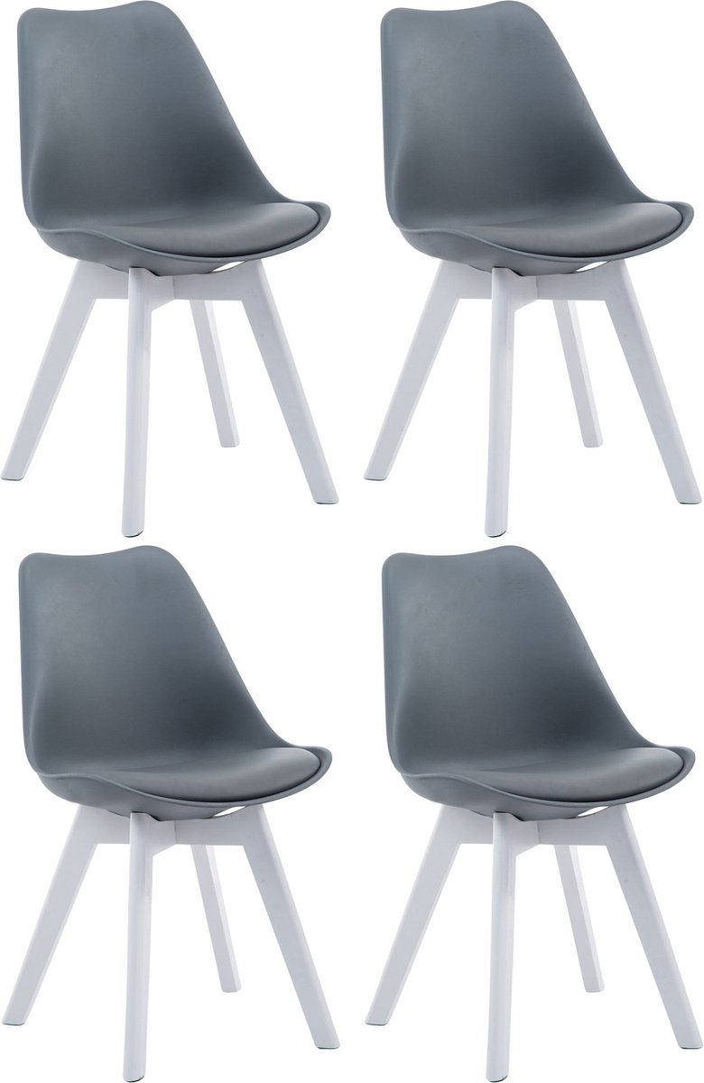 CLP Borneo Set van 4 eetkamerstoelen - Zonder armleuning - Hout frame - Kunstleer - grijs wit