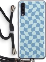 Case Company® - Hoesje met koord geschikt voor Samsung Galaxy A50 hoesje met Koord - Grid Blauw - Telefoonhoesje met Zwart Koord - Bescherming aan alle Kanten en Over de Schermrand