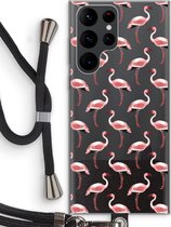 Case Company® - Hoesje met koord geschikt voor Samsung Galaxy S22 Ultra hoesje met Koord - Flamingo - Telefoonhoesje met Zwart Koord - Bescherming aan alle Kanten en Over de Schermrand