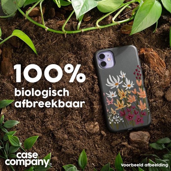 Zwarte telefoonhoes met schilderkunstige bloemenprint, 100% biologisch afbreekbaar.