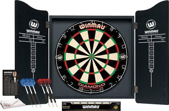 WINMAU - Professional Dart Set met Diamond Plus Bristle Dartboard, Zwart Cabinet, met 2 set 2 sets darts en officiële oche-lijn