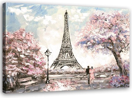 Trend24 - Canvas Schilderij - Eiffeltoren In Het Voorjaar - Schilderijen - Steden - 90x60x2 cm - Roze