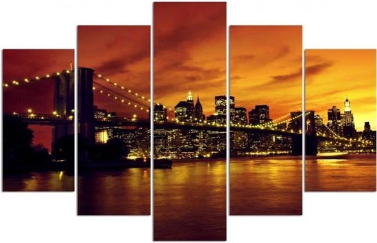 Trend24 - Canvas Schilderij - Brooklyn Bridge En Manhattan Bij Sunset - Vijfluik - Steden - 200x100x2 cm - Bruin