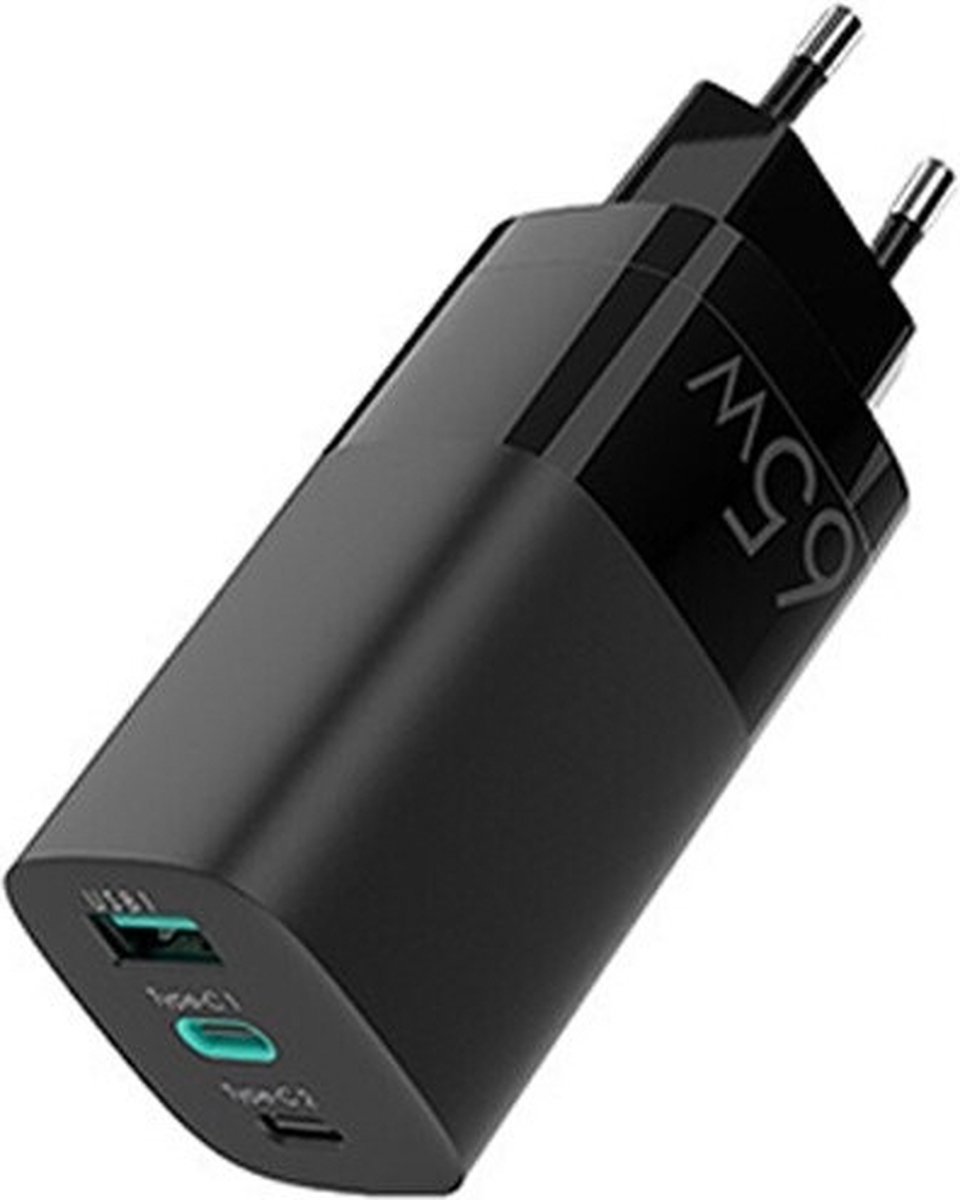 DrPhone HALO12 - Mini Super Snel Lader – 65W – 3-Poorts USB C1/2 / USB A - QC3.0 PD 3.0 - Geschikt voor Surface Smartphones/Tablets & Laptops - Zwart - DrPhone