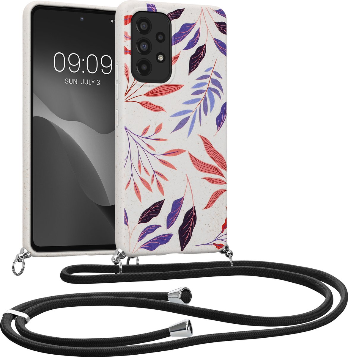 kalibri telefoonhoesje met nekkoord - Hoesje compatibel met Samsung Galaxy A53 5G - Van tarwe stro en TPU - Gekleurde bladeren design