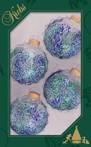 4x morceaux de boules de Noël en verre de luxe 7 cm transparent avec des paillettes bleues