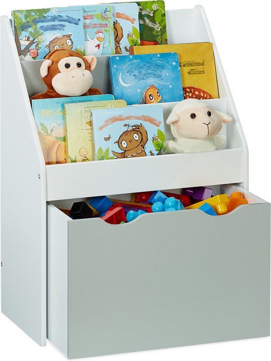 Relaxdays speelgoedkast - kinderboekenkast met speelgoedbak - kleine speelgoed organizer