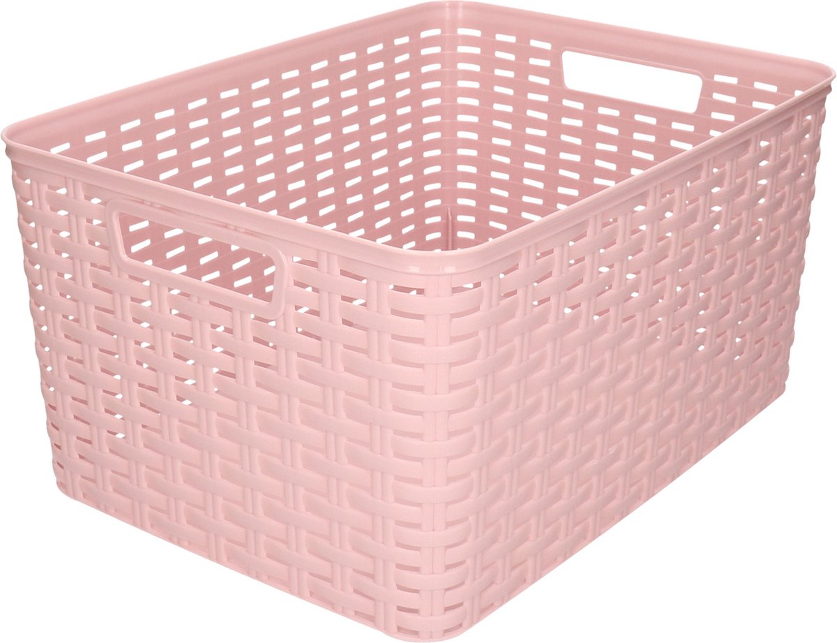 Opbergmand, gevlochten, roze met strik, groot, leeg, met