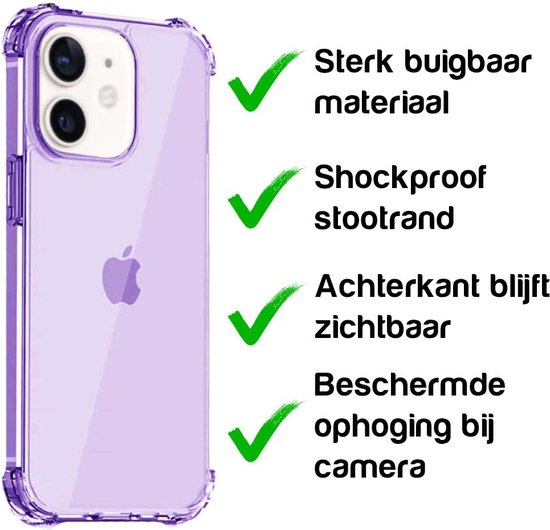 Doorzichtig paars hoesje met schokbescherming voor iPhone 12 Mini. Sterk, flexibel materiaal.