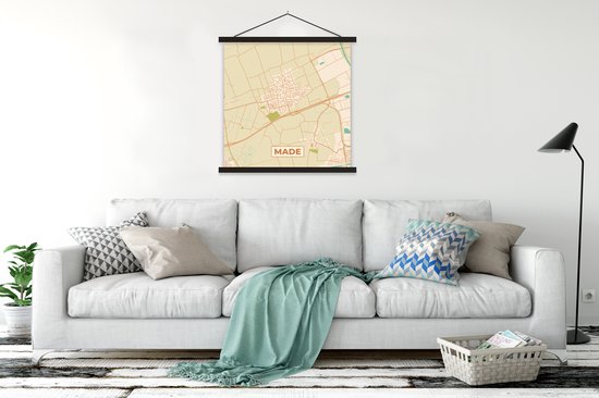 Porte-affiche avec affiche - Affiche scolaire - Carte - Carte - Vintage - Made - Plan de la ville - 90x90 cm - Lattes noires - Carte
