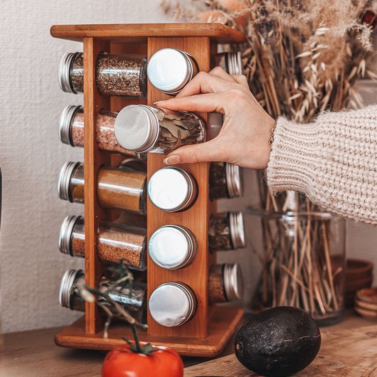 Bamboe Kruidenorganizer Relaxdays XXL Kruidencarrousel Van Bamboe - Draaibaar, 32 Glazen Potjes, Aroma-dicht - Perfecte Kruidenorganizer Voor Je Keuken Kruidencarrousel Bamboe
