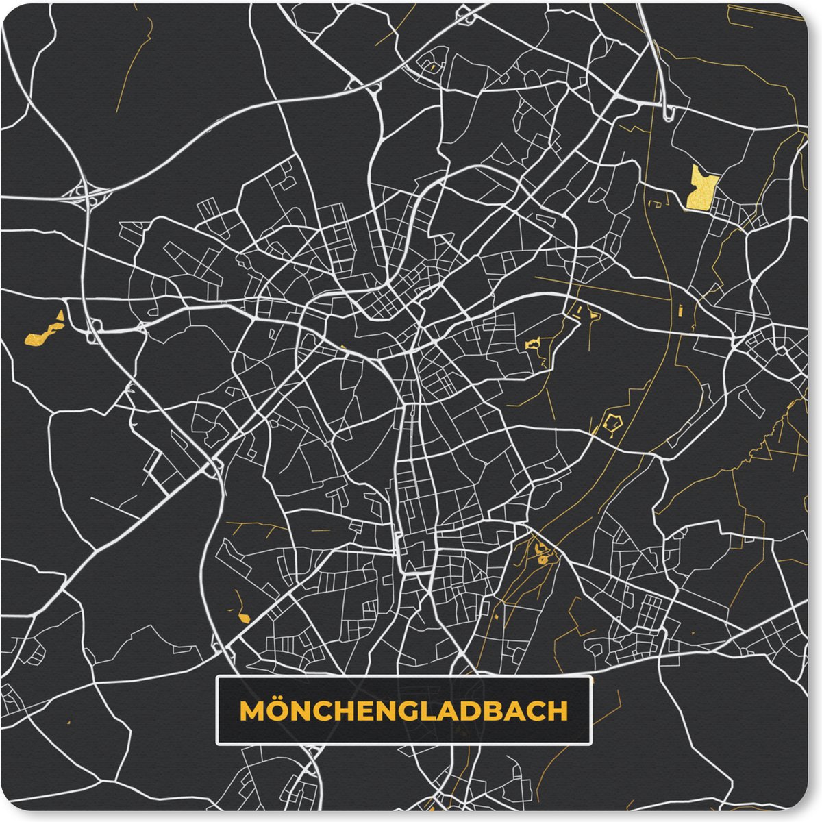 Muismat 20x20 cm - Mousepad Mönchengladbach - Black and Gold - Kaart - Stadskaart - Plattegrond - Muismatten - Stadskaart