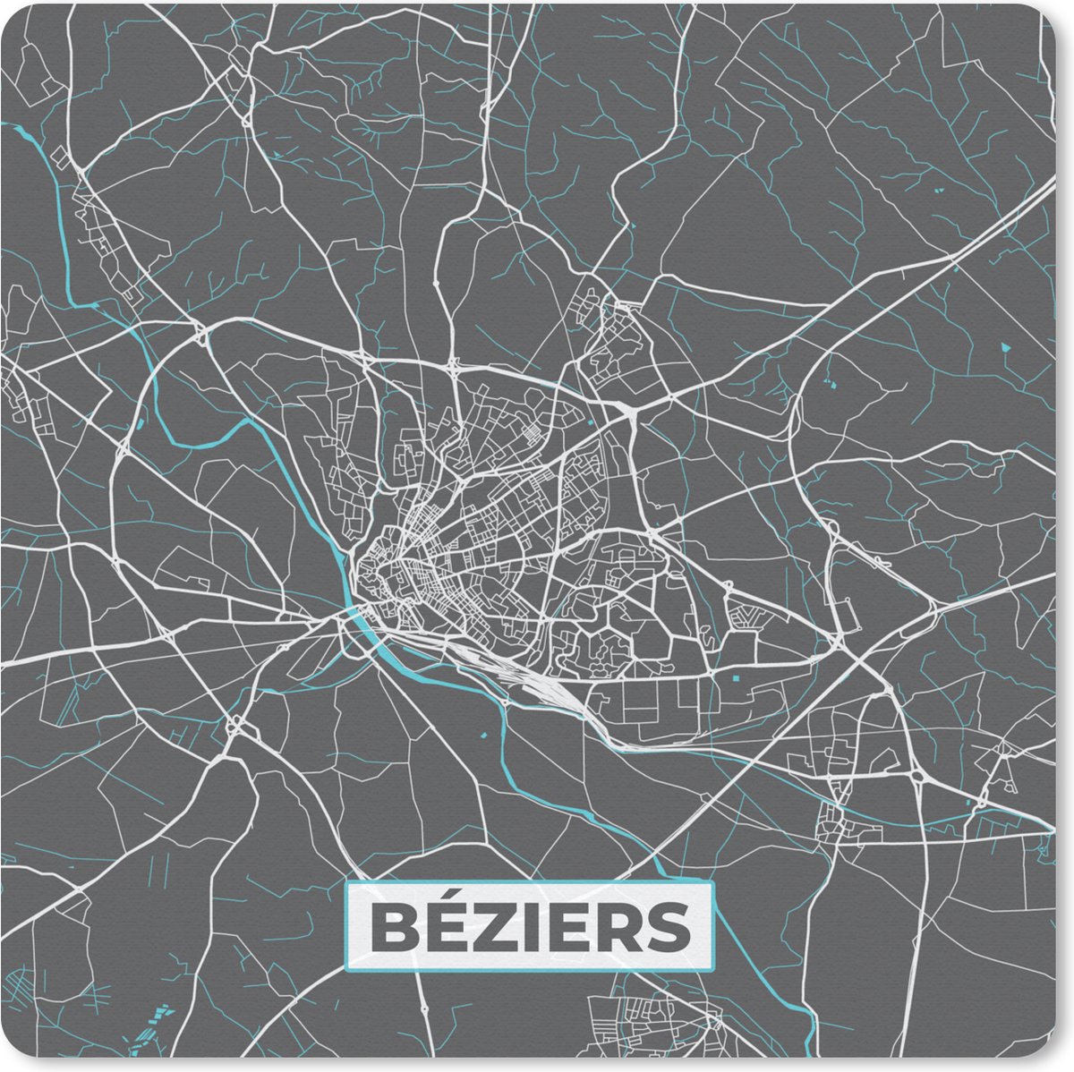 Muismat 20x20 cm - Mousepad Béziers – Plattegrond – Frankrijk – Kaart – Stadskaart - Muismatten - Stadskaart