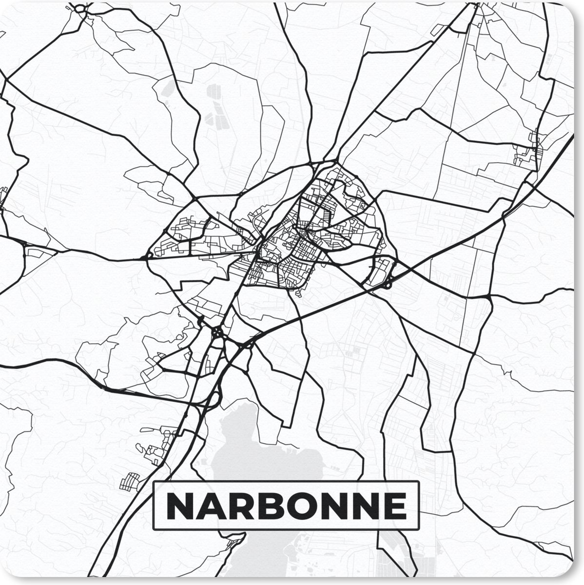 Muismat 20x20 cm - Mousepad Stadskaart - Plattegrond - Narbonne - Kaart - Frankrijk - Zwart wit - Muismatten - Stadskaart