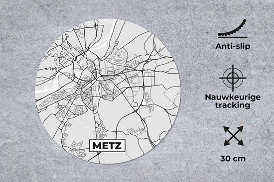 Muismat rond 30x30 cm - Mousepad Plattegrond - Metz - Stadskaart - Kaart - Frankrijk - Ronde muismatten - Stadskaart