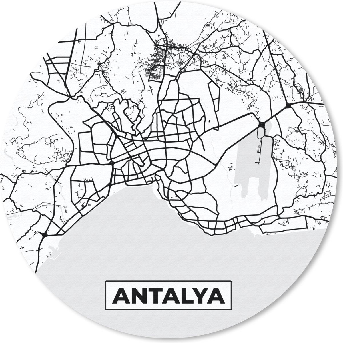 Muismat - Mousepad - Rond - Antalya - Stadskaart - Plattegrond - Zwart Wit - Kaart - 50x50 cm - Ronde muismat