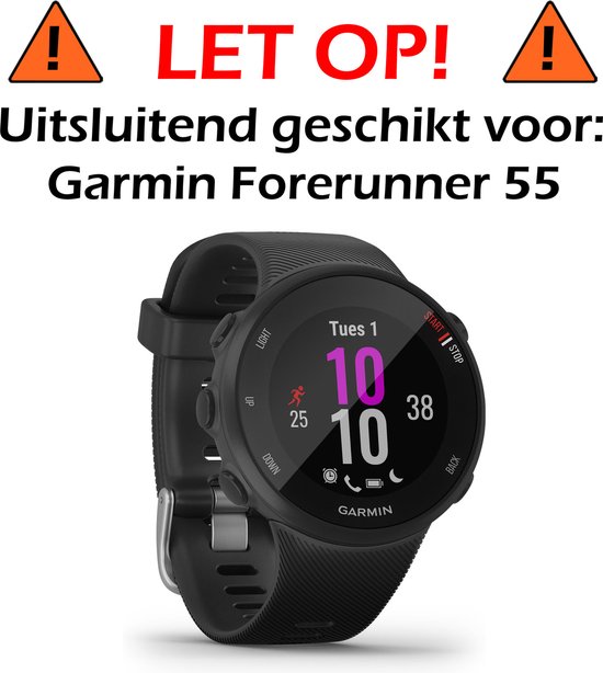 Garmin Forerunner 55 met tekst 'LET OP! Uitsluitend geschikt voor Garmin Forerunner 55'.