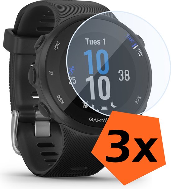 Garmin Forerunner 55 met beschermglas en een oranje '3x' sticker.