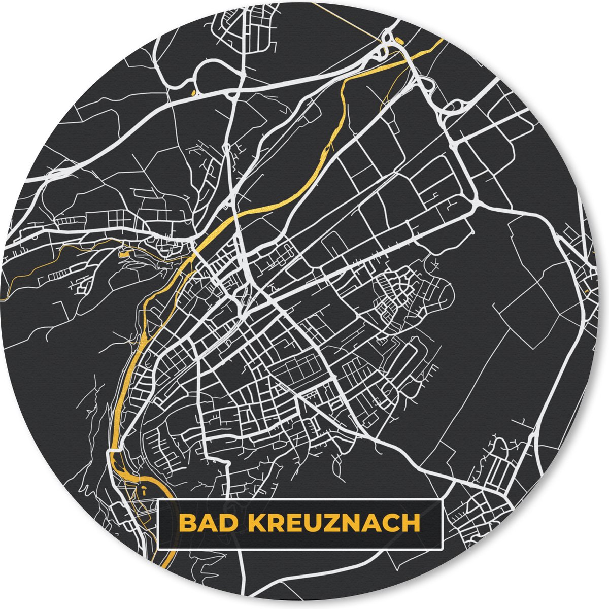 Muismat rond 40x40 cm - Mousepad Duitsland – Black and Gold – Bad Kreuznach – Stadskaart – Kaart – Plattegrond - Ronde muismatten - Stadskaart
