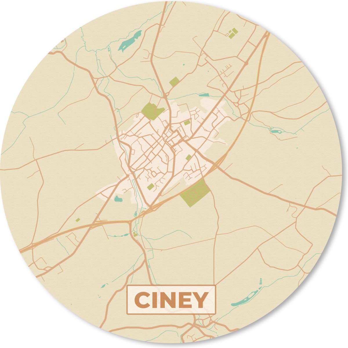 Muismat rond 50x50 cm - Mousepad Plattegrond - Kaart - Stadskaart - Ciney - België - Vintage - Ronde muismatten - Stadskaart