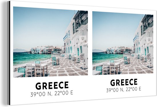 Wanddecoratie Metaal - Aluminium Schilderij - Griekenland - Blauw - Zee - Terras